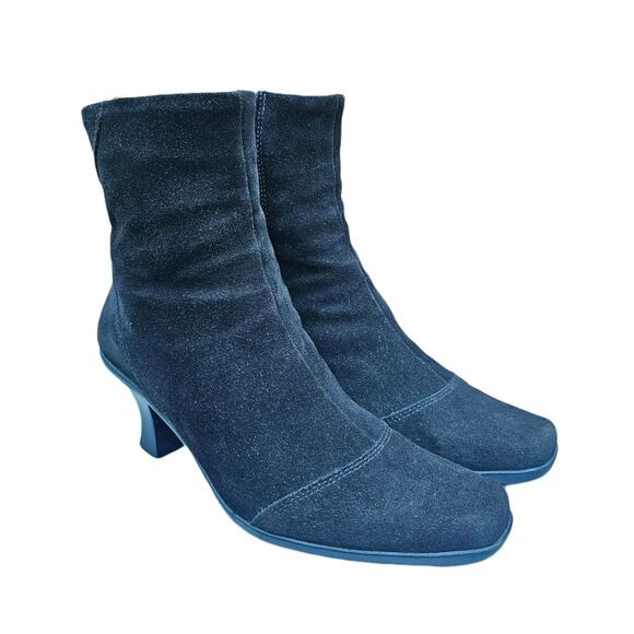 Square Toe Black Suede Boots La Canadienne Size 7.5 Leather Waterproof Boot Heel - Picture 1 of 14